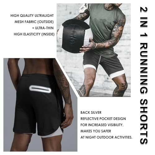 Leidowei Men's 2-in-1 Workout Shorts 7" Length with Zipper Pockets, 3-Pack, Medium, Black/Dark Grey/Dark Blue
