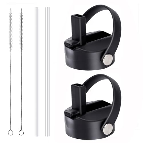 SYACOT Black Straw Lid for Wide Mouth Water Bottles 12oz-128oz, Flip Top, Leak-Proof, Includes Straws & Brush