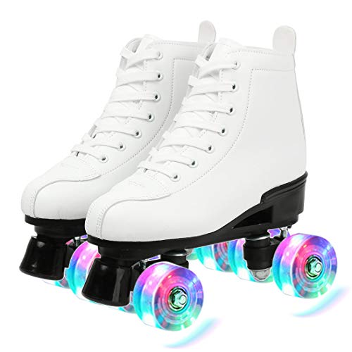 XUDREZ White Flash Wheel High-Top Double-Row Leather Roller Skates for Men Women 8.5-10