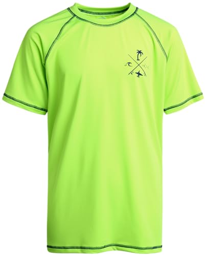 Boys Short Sleeve Rash Guard Swim Shirt - Sun Protection, Neon Lime (5-6)