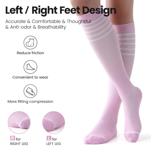 Owcorowan Bamboo Viscose Compression Socks 15-20 mmHg Knee High Large-X-Large 3 Pairs Purple/Apricot/Pink
