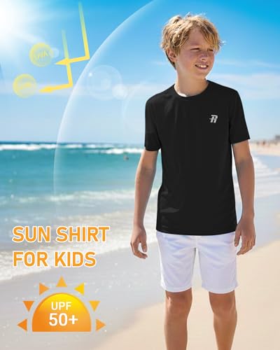 Boys UPF 50+ Short Sleeve Swim Shirt - Quick Dry Rashguard - XX-Large Black