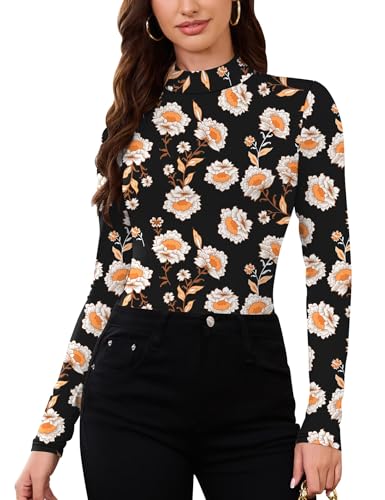 Thermal Long Sleeve Mock Turtle Neck Shirt - Fleece Lined, Black Orange Floral, Medium