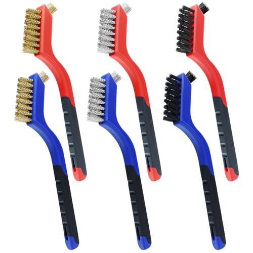 Wire Brush Set for Cleaning Rust, 7 Inch Stainless Steel/ Brass/ Nylon Brush for Cleaning Welding Slag, Paint and Dirt Removal (3 Pcs Red + 3 Pcs Blue, 7 Inch)
