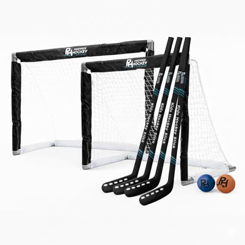 Kids Hockey Set - 4 Player Beginner Set with 4 Sticks & 2 Mini Goals