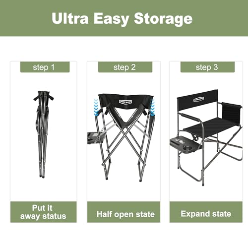 YOUNG WOOD IP Camping Directors Chair with Side Table & Storage - Lightweight Foldable Outdoor Chair Supports 400lbs, Black