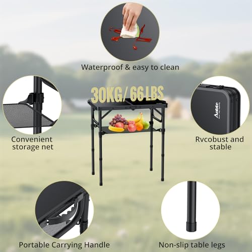 Anbte 2ft Folding Camping Table - Black, 24 x 16 in, 3 Adjustable Heights