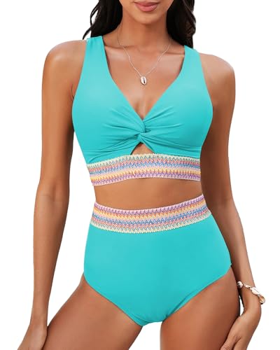 High Waisted Two Piece Swimsuit - Aqua Blue Bikini Set