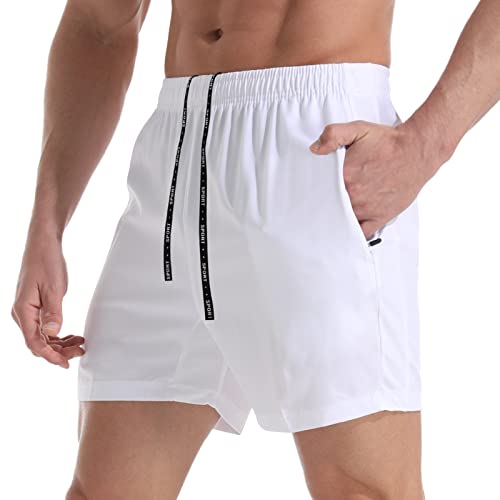 Men's 5-Inch Gym Shorts - Lightweight Quick Dry Athletic Shorts with Zipper Pockets - Large, White