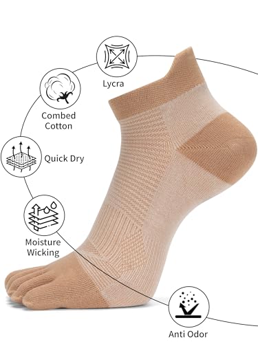 Five Finger Athletic Socks - Khaki, Size 5-10