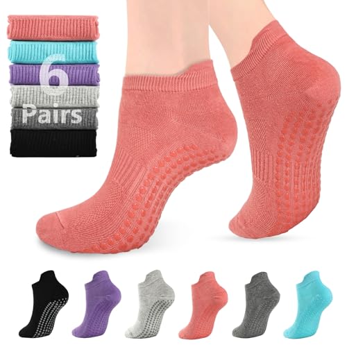 Pilates Socks with Grips - 6 Pairs Non-Slip Gym Socks - Black, Light Gray, Dark Gray, Blue, Pink, Purple - Medium