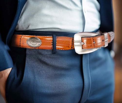 Georgia Bulldogs Leather Concho Belt - Crocodile Tip - Tan 38