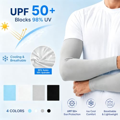 Cooling Compression Arm Sleeves - 4 Pairs, UPF 50 Protection - Black, Light Blue, Light Gray, White