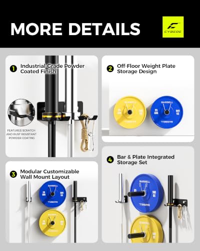 CYBEOE Wall Mounted Weight Plate & Barbell Rack - 3 Hooks + 2 Pegs, DIY Home Gym Storage