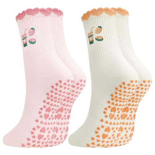 Cute Pilates Grip Socks for Women - Ruffle Crew Yoga Socks - Yellow & Pink