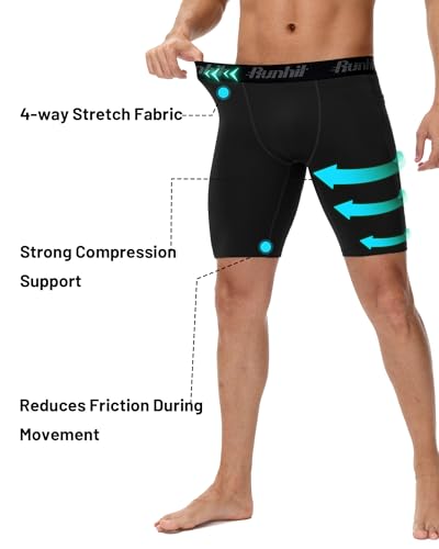 Runhit Men's Compression Shorts with Pocket - Black, Large, Athletic Workout Underwear