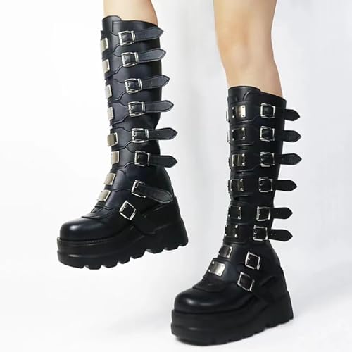 Women’s Platform Punk Goth Mid Calf Boots - Chunky Heel - Black