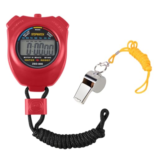 Digital Stopwatch Timer with Stainless Steel Whistle - Red