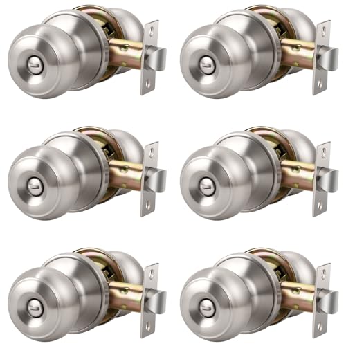 KNOBWELL 6 Pack Privacy Door Knob with Lock in Brushed Nickel Finish for Bedroom and Bathroom, Indoor Security Door Handle with Privacy Lock, Satin Nickel Interior Door Knobs