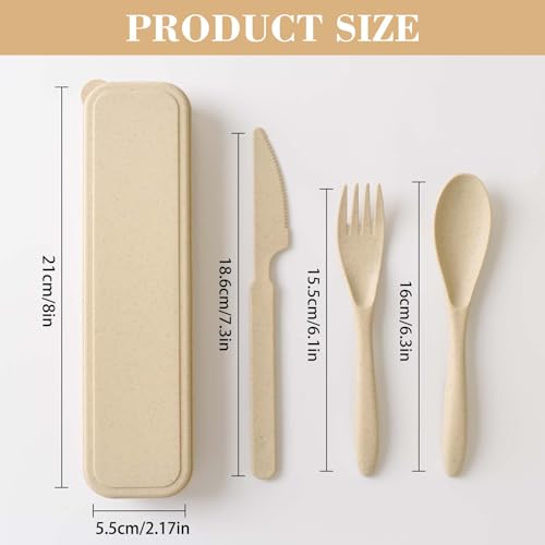 Travel Utensil Set - 4 Pack Beige Cutlery with Case (21x6x2.5cm)