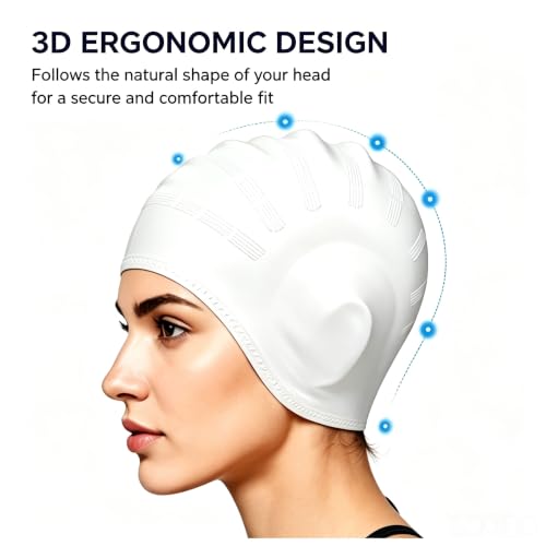 3D Silicone Swimming Cap - Ergonomic Ear Protection for Adults - White