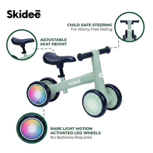 SKIDEE Phthalo Green Toddler Balance Bike with LED Light Wheels, Adjustable & 4-Wheel Stability
