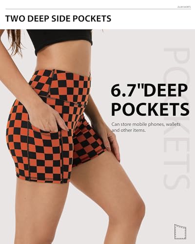 ZLLW Women's High Waist Print Yoga Shorts - Large Black & Orange, 5-Inch Squat Proof Biker Athletic Shorts