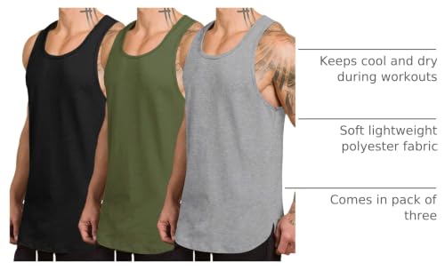 Men's Quick Dry Workout Tank Top - 3 Pack Sleeveless Tee - X-Large Black/Gray/Army Green