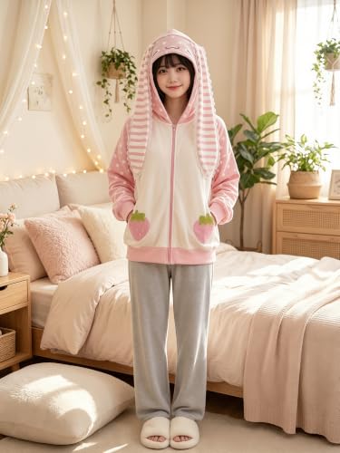 Pink Small Women's Y2K Bunny Ear Hoodie Harajuku Kawaii Baggy Jacket