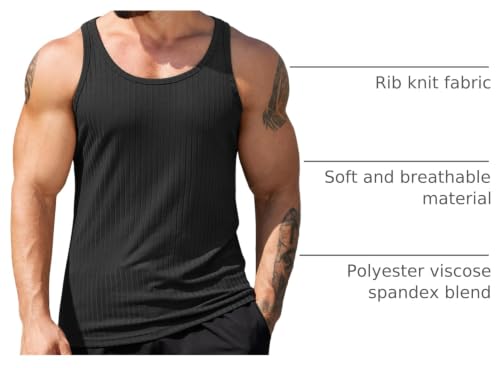 Men's Workout Tank Top - Ribbed Knit Sleeveless Gym Tee - Black, Large