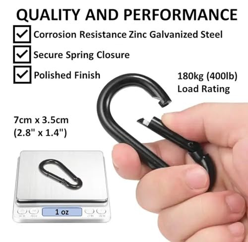 Heavy Duty Black Carabiner Snap Hooks - 7cm (2.8in) 2 Pack