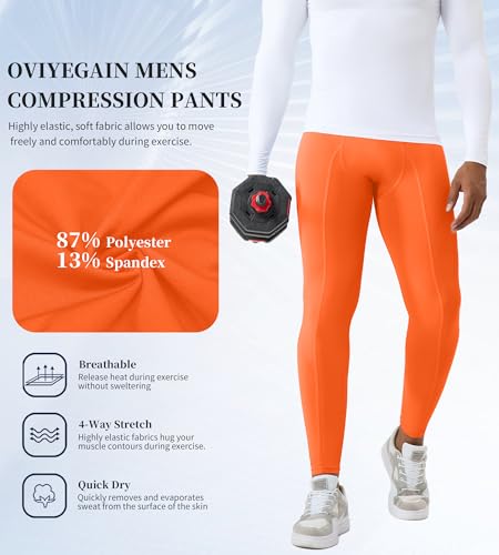 Men's Compression Running Leggings - Cool Dry Base Layer Pants - Orange#08, Large