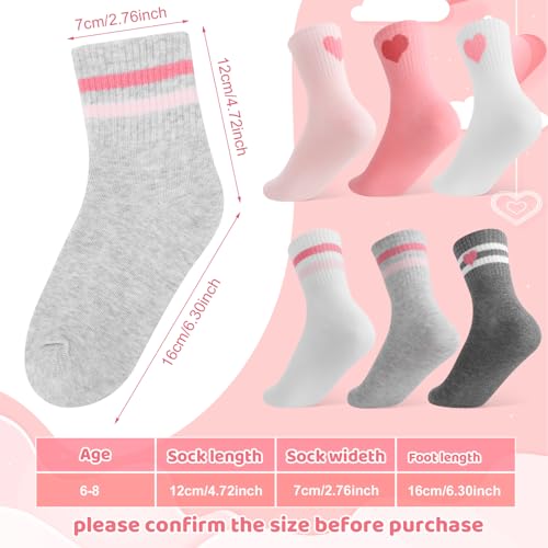 Girls Cotton Crew Socks Set - 6 Pairs with Striped Heart & Bow Patterns - Ages 6-8, Pink White Gray