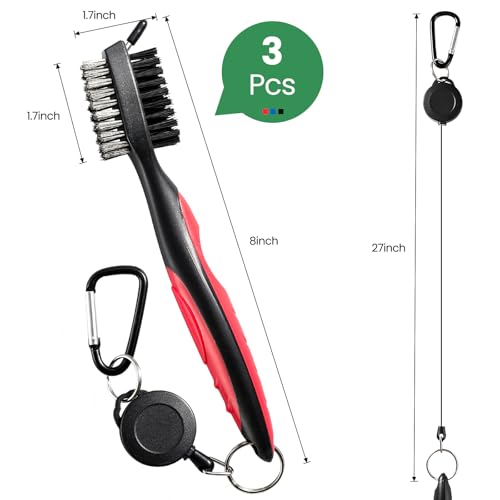 Golf Club Brush Cleaner with Retractable Zip-Line - 3 Pack Black/Red/Blue