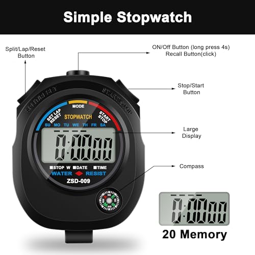 Digital Stopwatch Timer with Whistles - Water Resistant, Large Display for Sports & Coaching