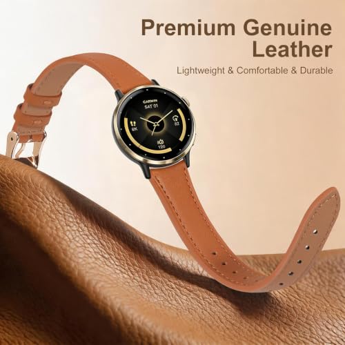 Brown Slim Leather Watch Band 18mm Quick Release Compatible with Garmin Venu 3S 4 2S Vivoactive 4S Vivomove 3S Forerunner 265S 255S