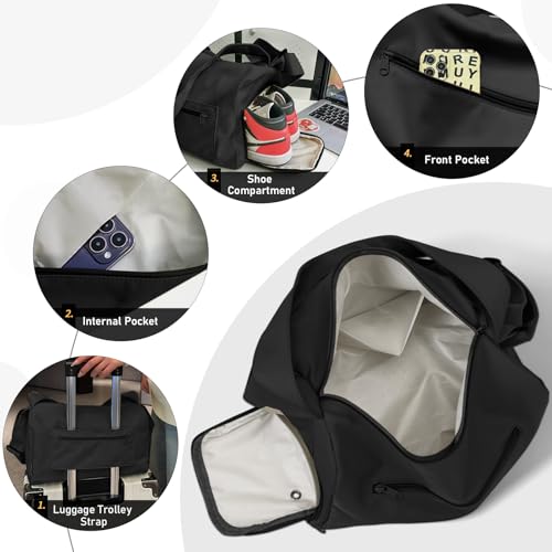 Small Gym Bag for Women with Shoes Compartment Waterproof Travel Duffel - Black
