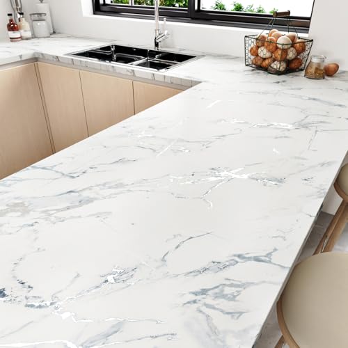 WESTICK White/Silver Marble Contact Paper Peel and Stick Countertops Waterproof Marble Wallpaper Peel and Stick Faux Counter Vinyl Wrap Self Adhesive Contact Paper for Cabinets Table Desk 15.8¡± X 80¡±