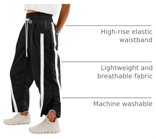 Women's Baggy Wide Leg Track Pants with Drawstring and Contrast Color