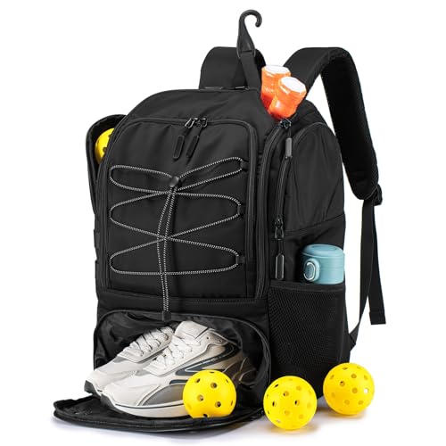 COSCOOA Black Large Pickleball Bag with Shoe Compartment 27L Backpack
