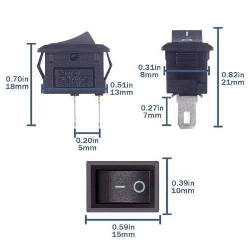 10pcs Mini SPST Rocker Switch 2 Pin ON-OFF 15mm - Black