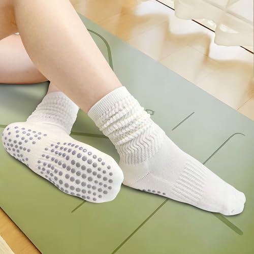 Non-Slip Grip Slouchy Scrunch Socks for Yoga & Pilates - Size 6-12 White