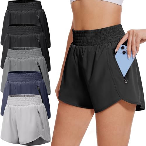 BALENNZ Women's Athletic Shorts 5 Pack - Pockets, Running & Workout, Medium, Black/Navy/Dark Grey/Light Grey