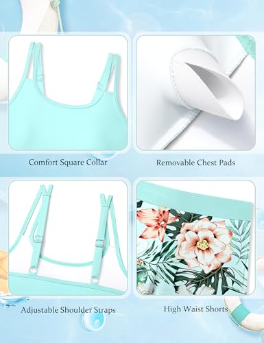 Girls Tankini Swimsuit with Printed Shorts - Light Blue, 15-16Y