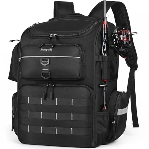 Shupaii Fishing Backpack with Rod Holders 45L Tackle Storage Bag - Black