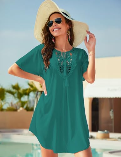 Lace Crochet V-Neck Bikini Beach Cover-Up Dress - Deep Green, XX-Large
