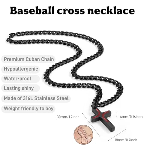 Baseball Cross Necklace for Men - 18in Black Stainless Steel