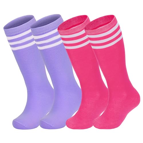 Kids Soccer Socks 4 Pairs - Youth Knee-High Athletic Socks, Purple White/Hot Pink, 6-9 Years