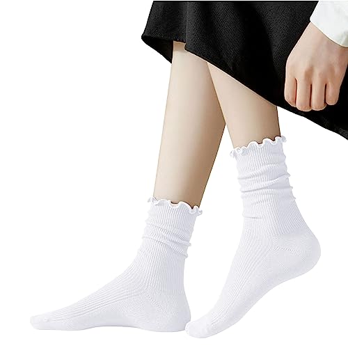 Women's Cotton Crew Socks with Ruffle Turn-Cuff - Wine Red