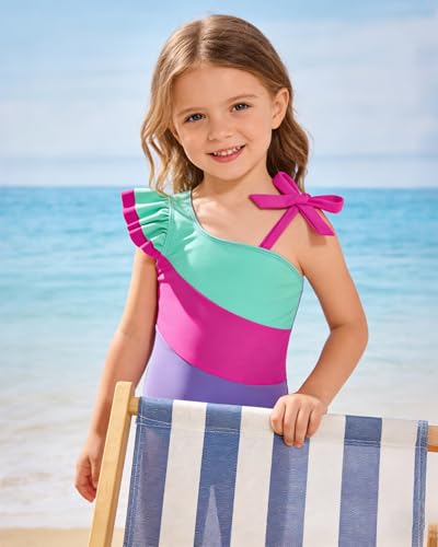 Color Block Ruffled Sleeve One-Piece Swimsuit - Green, 5-6 Years